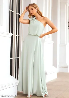A-line One-Shoulder Sleeveless Long/Floor-Length Chiffon Bridesmaid Dresses With Shoulder Flower Aspen SWKP0025369