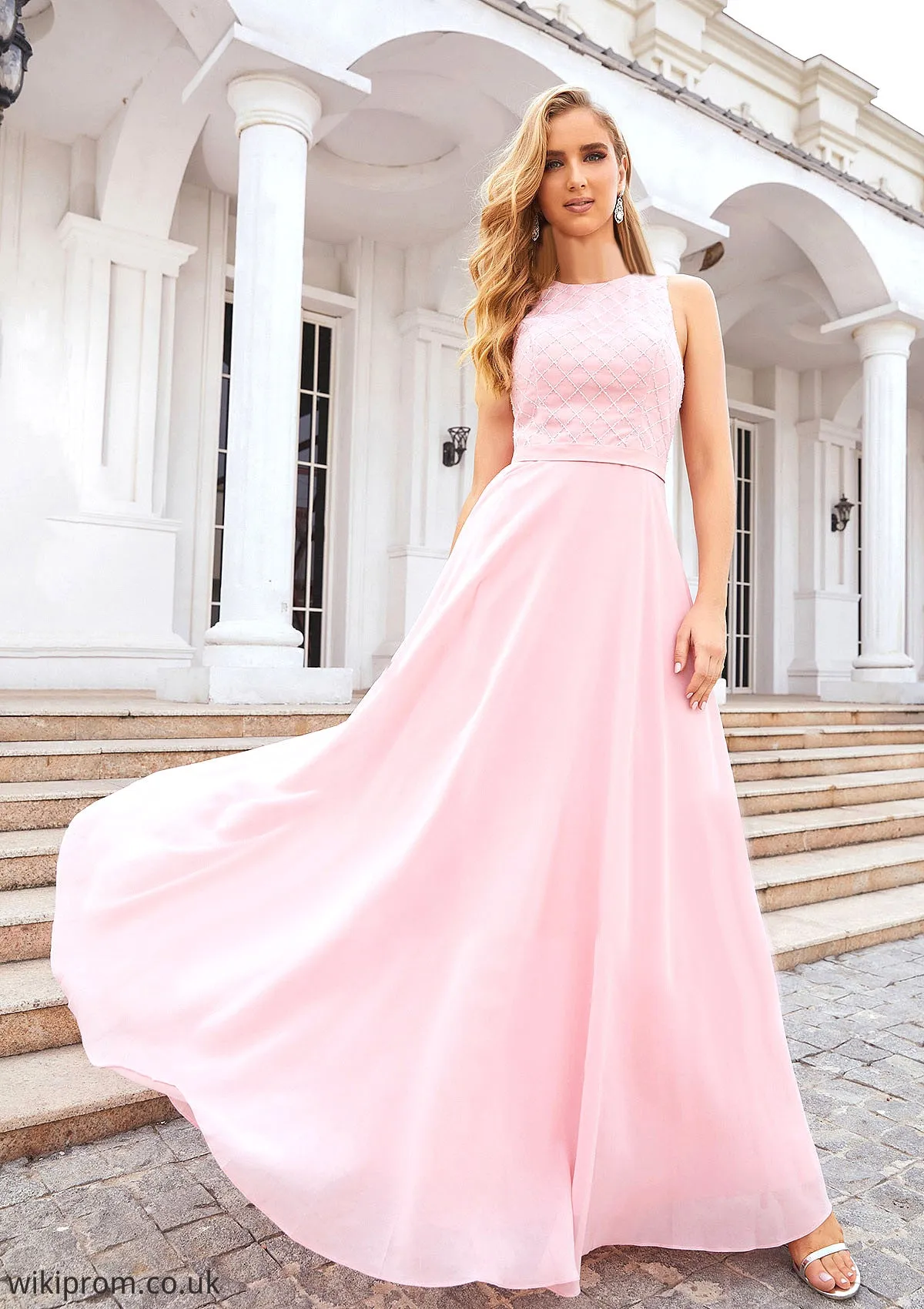 A-line Scalloped Neck Sleeveless Chiffon Long/Floor-Length Bridesmaid Dresses With Beading Eileen SWKP0025393