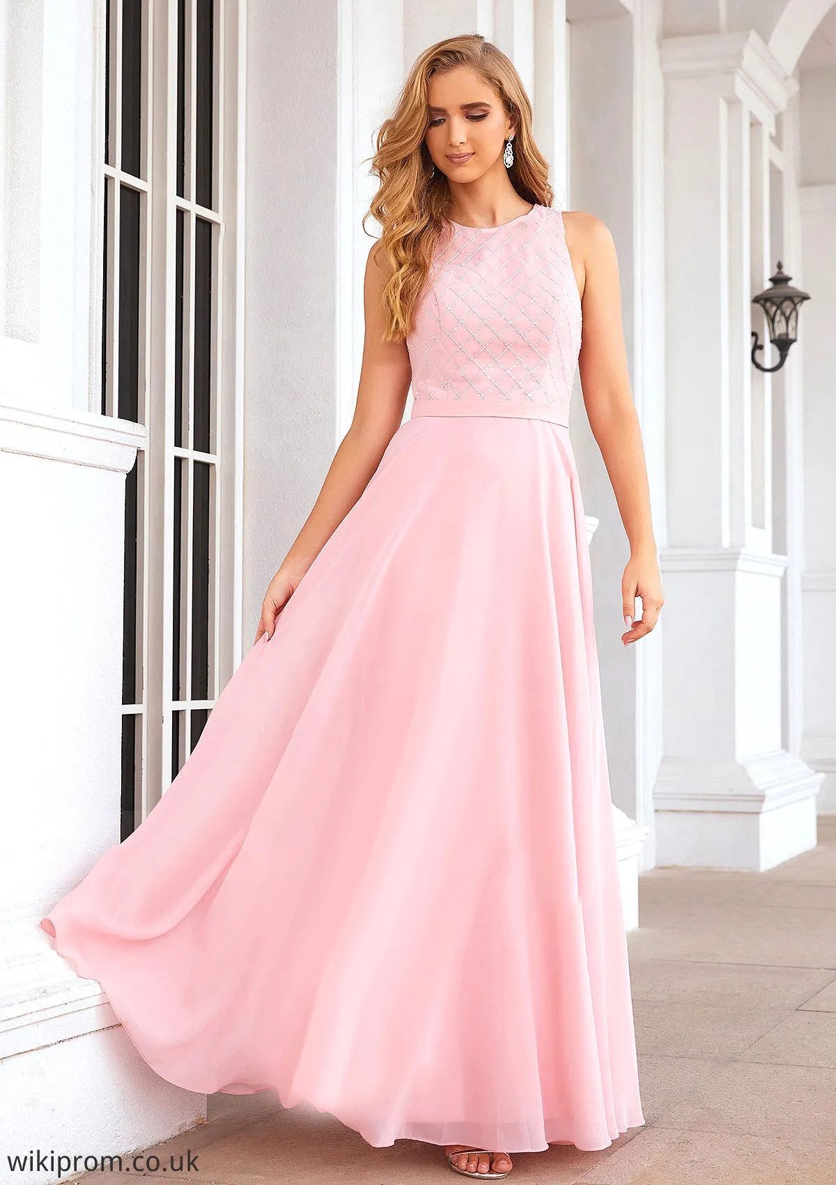 A-line Scalloped Neck Sleeveless Chiffon Long/Floor-Length Bridesmaid Dresses With Beading Eileen SWKP0025393