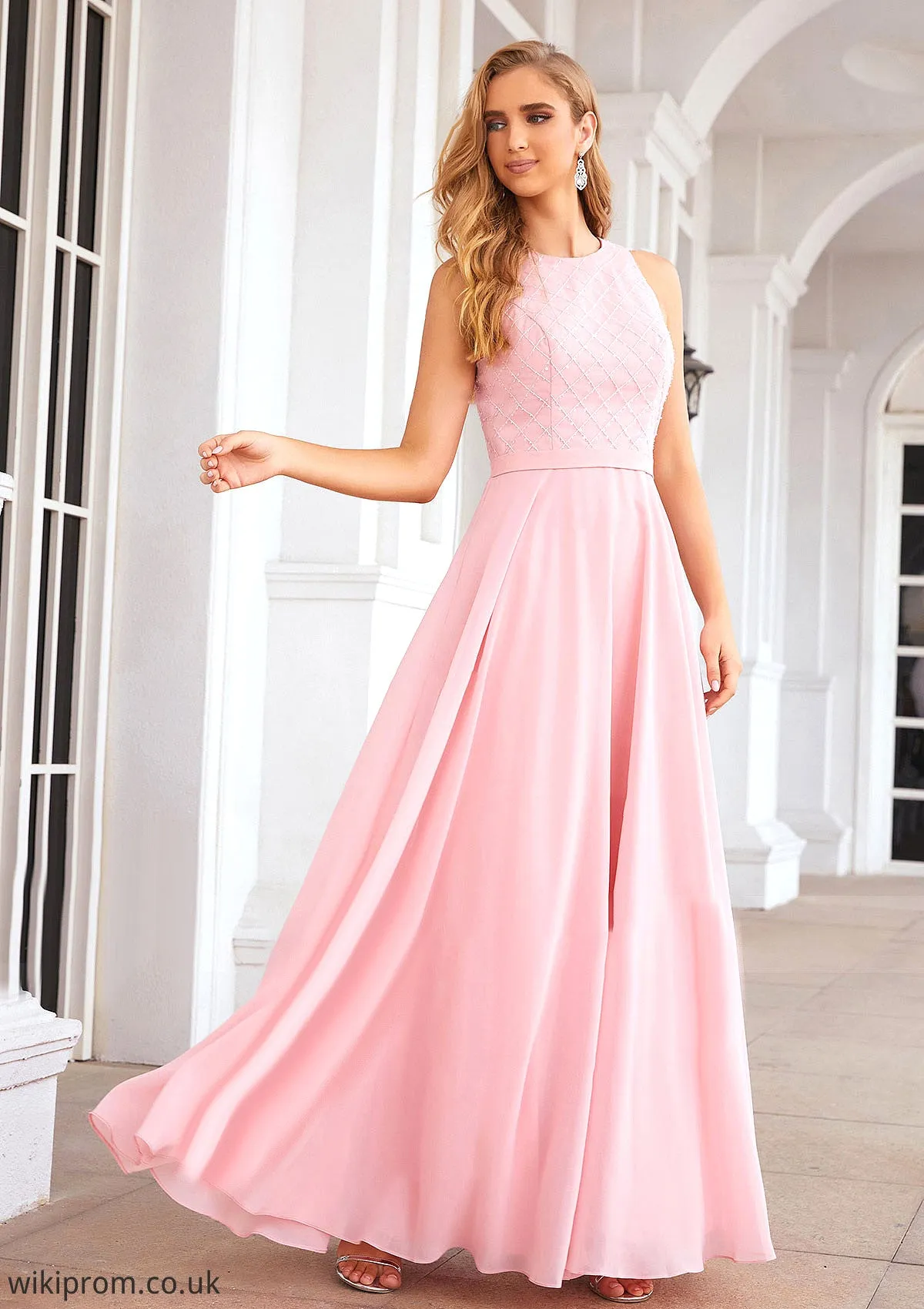 A-line Scalloped Neck Sleeveless Chiffon Long/Floor-Length Bridesmaid Dresses With Beading Eileen SWKP0025393