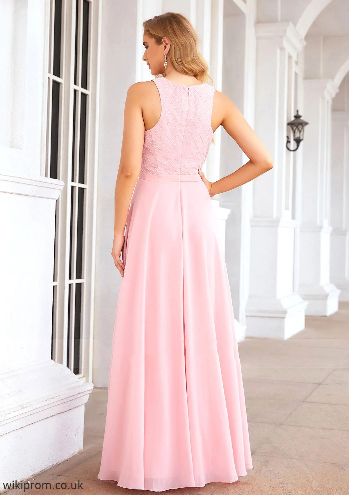 A-line Scalloped Neck Sleeveless Chiffon Long/Floor-Length Bridesmaid Dresses With Beading Eileen SWKP0025393