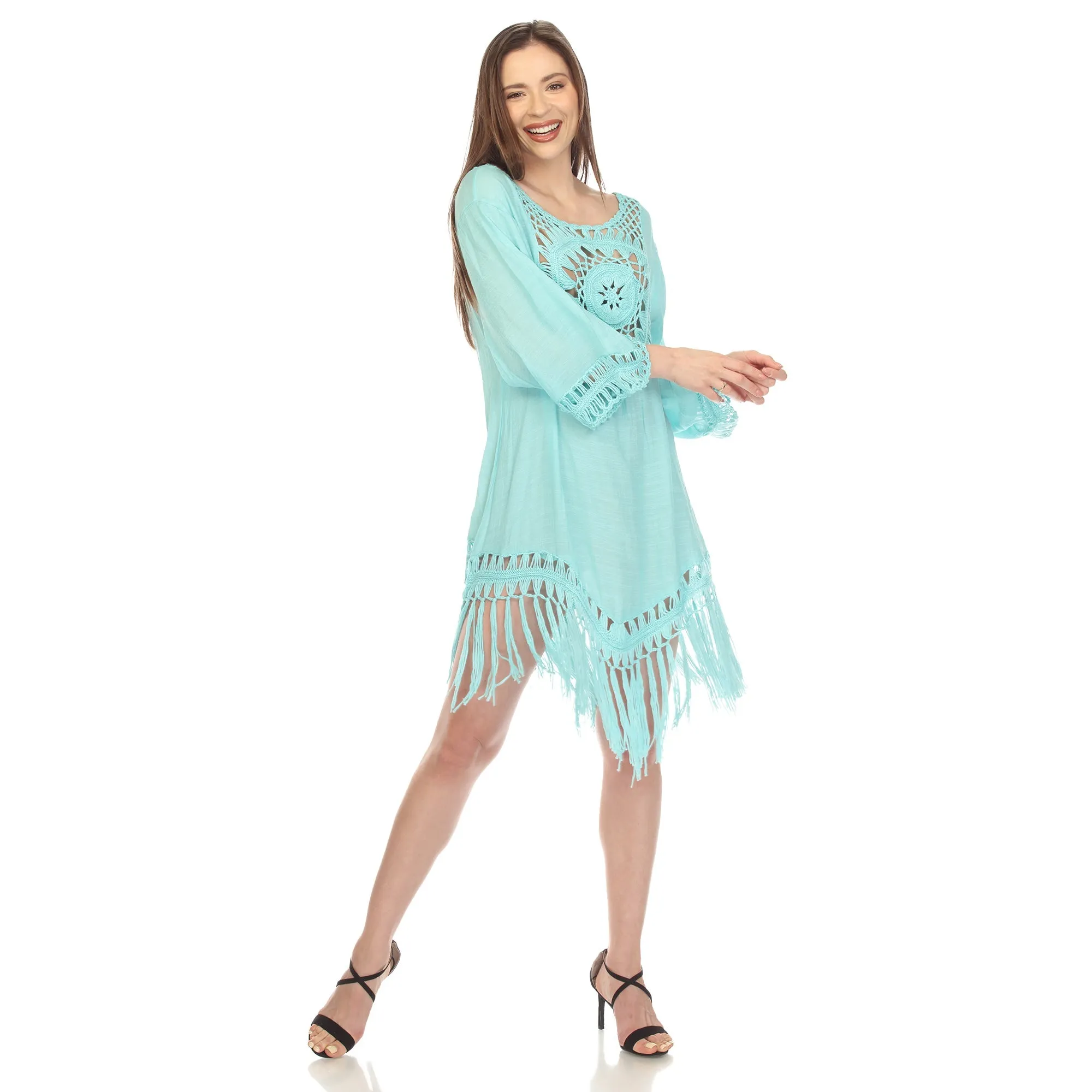 Crocheted Fringed Trim Dress Cover Up - Plus