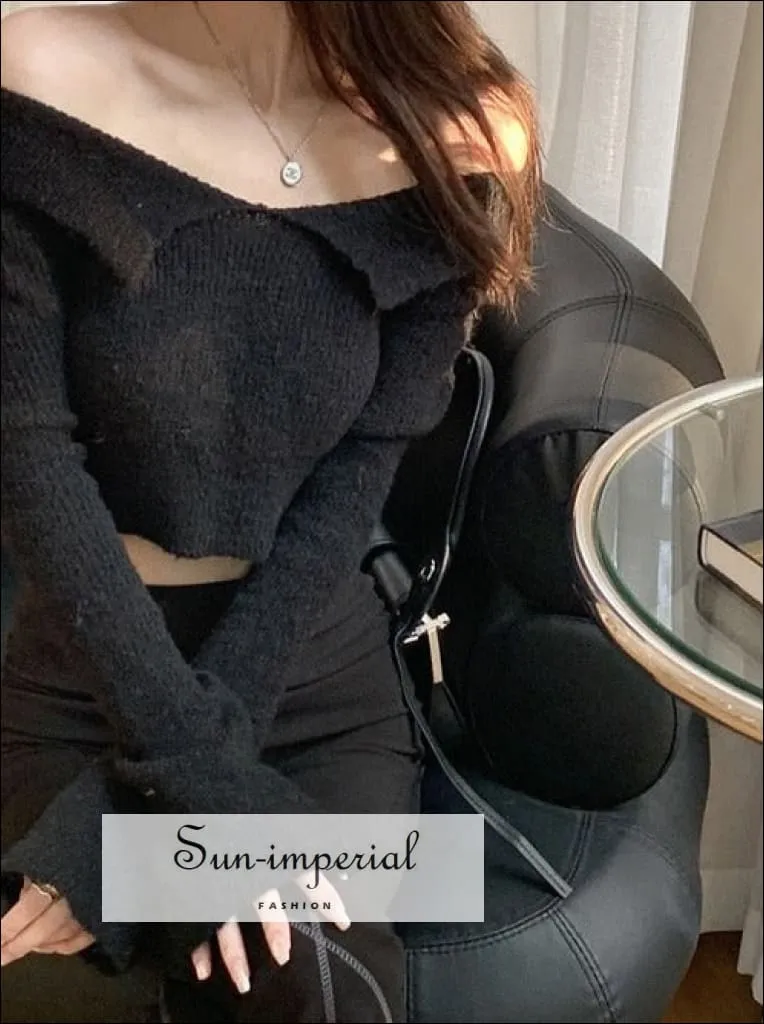 Women Off The Shoulder Knit  Cropped Jumper With Overlay Detail And Skinny Matching Scarf