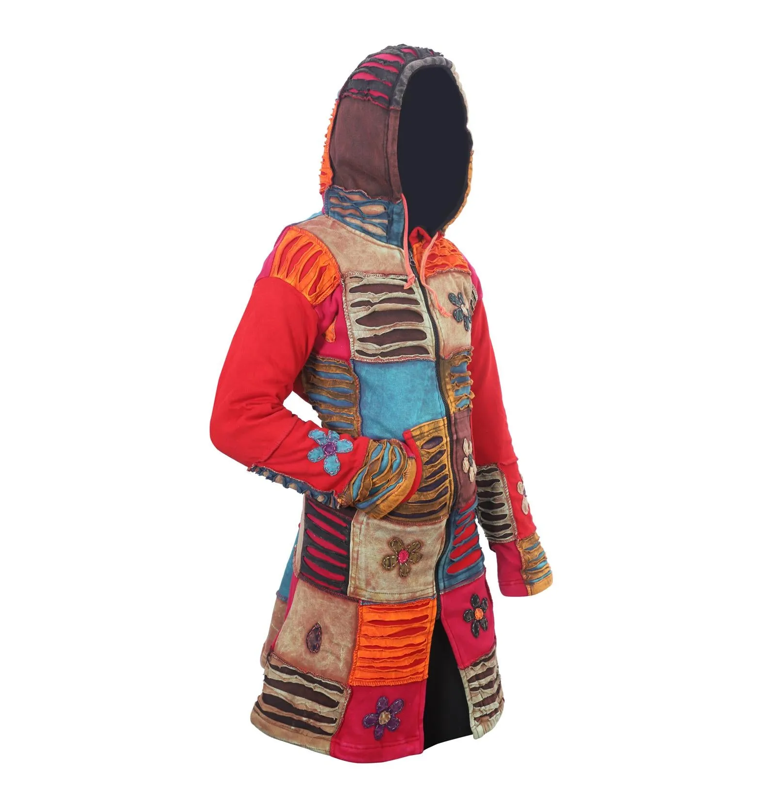 Women's Rainbow Floral and Razor Cut Patchwork Long Coat