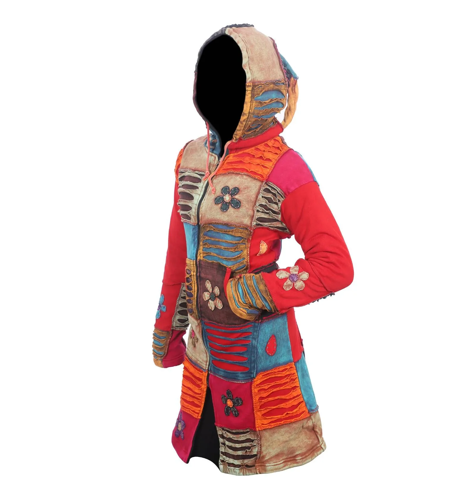 Women's Rainbow Floral and Razor Cut Patchwork Long Coat